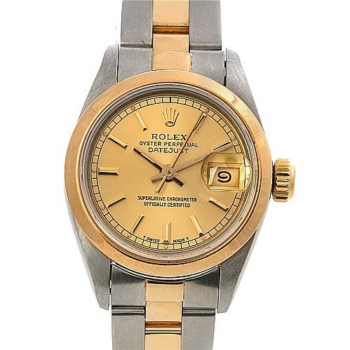 The image shows a front view of the Rolex Datejust 69163 Women's Stainless Steel Champagne Dial 69163 Women's Stainless Steel Champagne Dial watch, highlighting the dial, bezel, crown, and a portion of the bracelet.