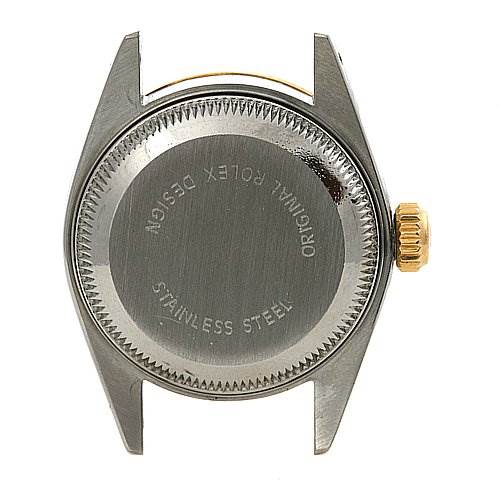 This is the back view of a Rolex Datejust 69163 Women's Stainless Steel Champagne Dial 69163 Women's Stainless Steel Champagne Dial case, showing the stainless steel back and crown.