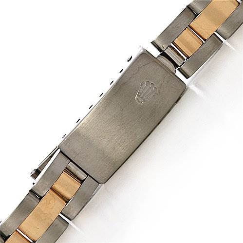 The image shows the clasp and part of the bracelet of a Rolex Datejust 69163 Women's Stainless Steel Champagne Dial 69163 Women's Stainless Steel Champagne Dial watch, featuring a two-tone design of stainless steel and gold.