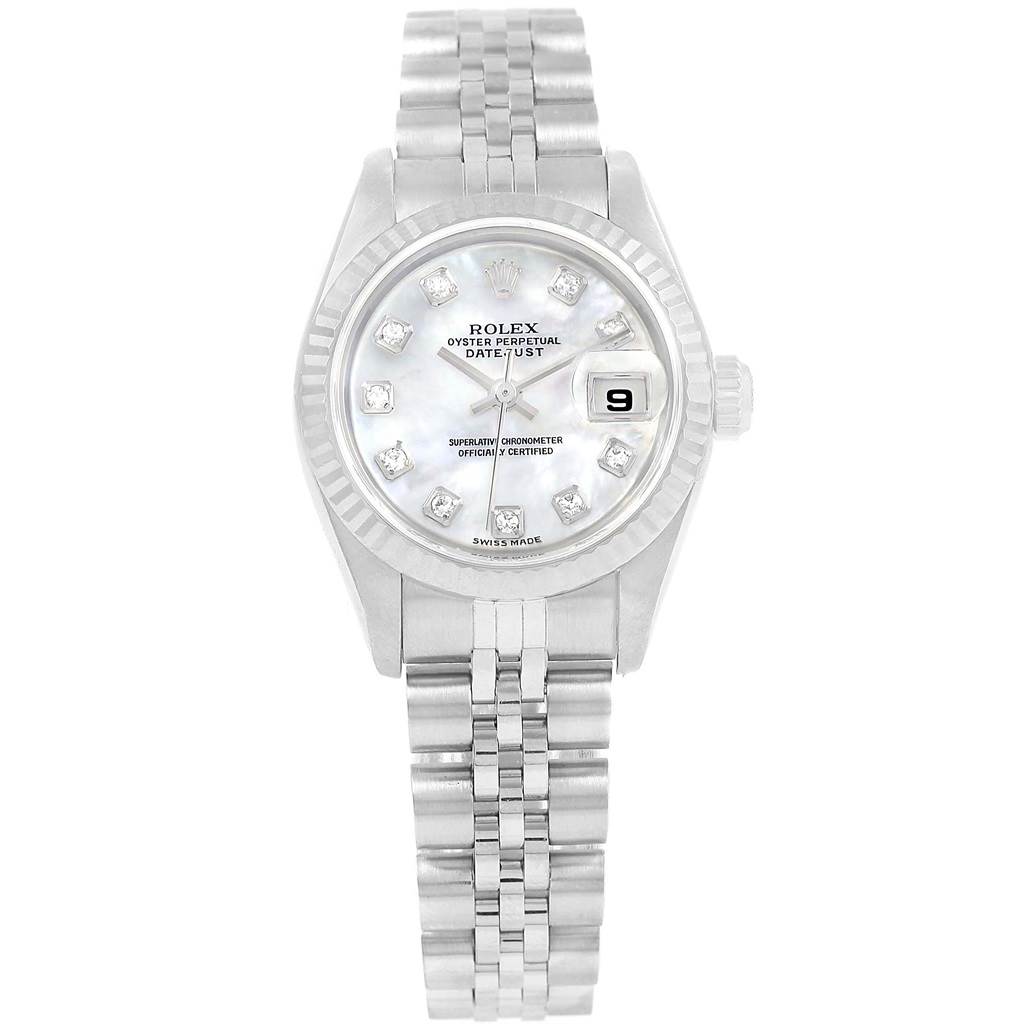 The Rolex Datejust 79174 Women
s Stainless Steel Mother of Pearl Dial 79174 Women
s Stainless Steel Mother of Pearl Dial watch is shown from a top-down angle, displaying its face, bezel, and bracelet.