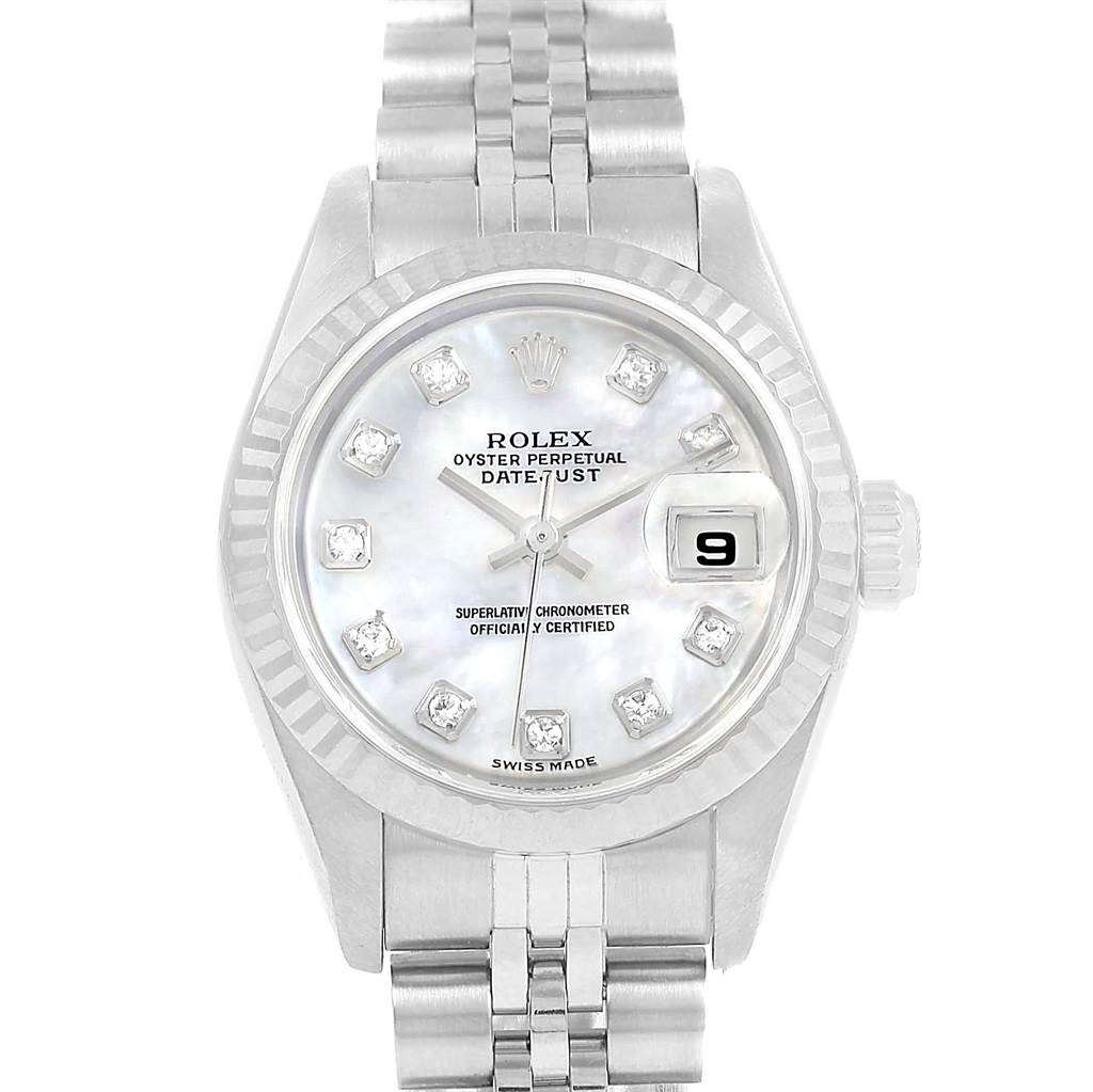 This image shows a front view of a Rolex Datejust 79174 Women
s Stainless Steel Mother of Pearl Dial 79174 Women
s Stainless Steel Mother of Pearl Dial watch with its face, bezel, and bracelet clearly visible.