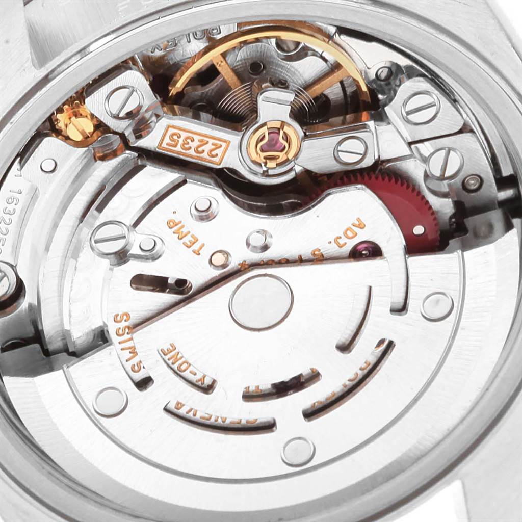 This image shows a close-up view of the movement mechanism inside the Rolex Datejust 79174 Women
s Stainless Steel Mother of Pearl Dial 79174 Women
s Stainless Steel Mother of Pearl Dial watch.