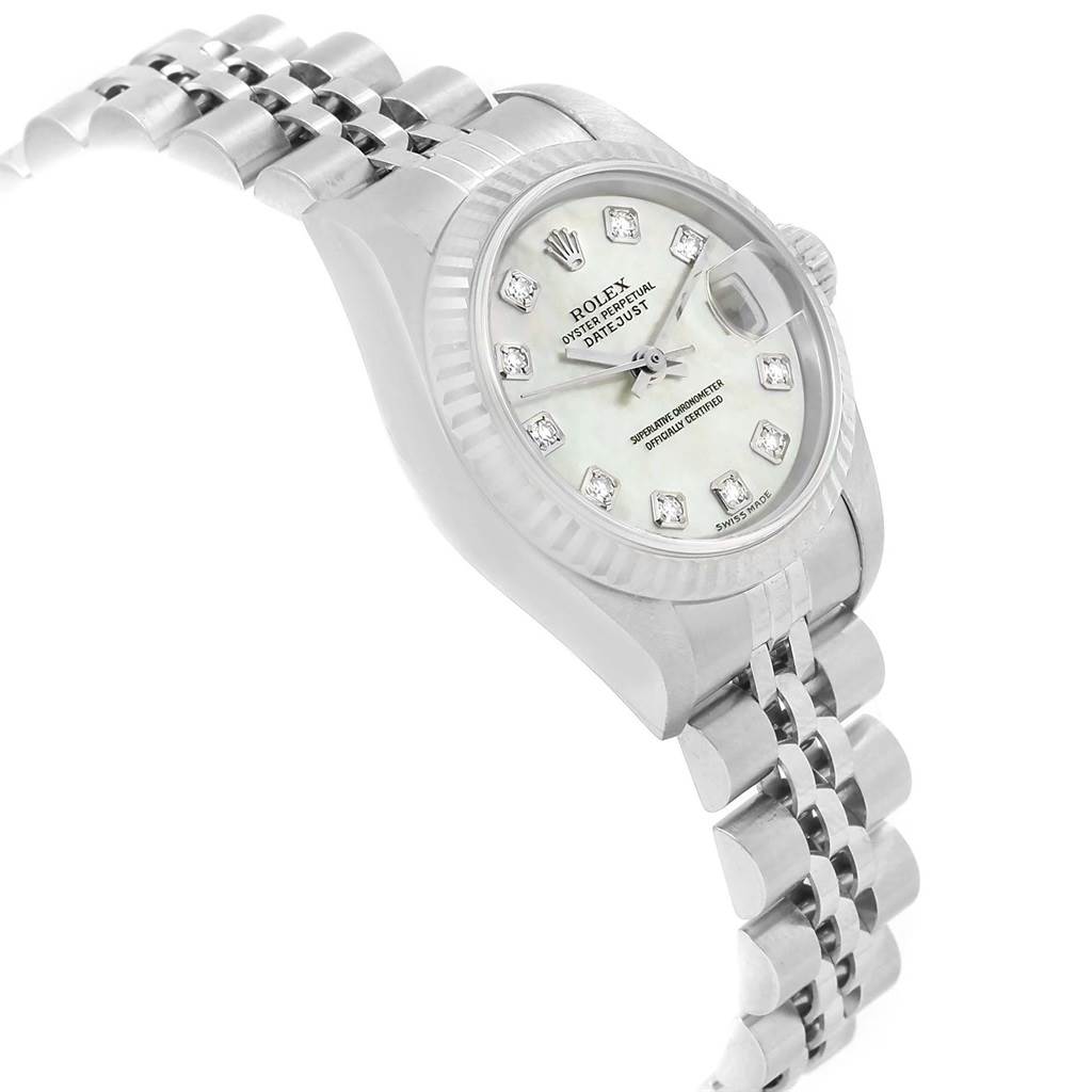 The image shows a Rolex Datejust 79174 Women
s Stainless Steel Mother of Pearl Dial 79174 Women
s Stainless Steel Mother of Pearl Dial watch from a three-quarter left-side angle, highlighting its bracelet, case, and dial.