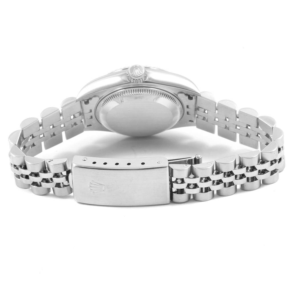 The image shows the underside and clasp of a Rolex Datejust 79174 Women
s Stainless Steel Mother of Pearl Dial 79174 Women
s Stainless Steel Mother of Pearl Dial watch, highlighting the bracelet and case back.