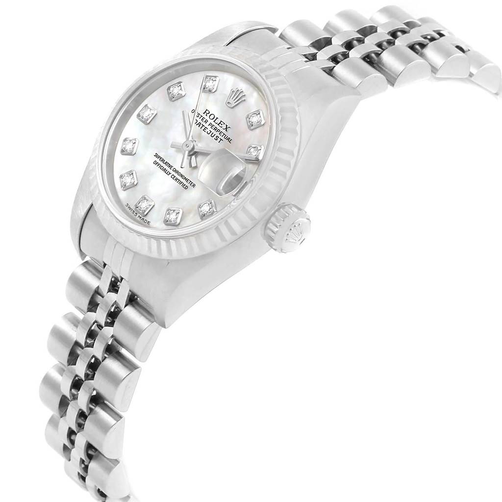 This image shows a side view of a Rolex Datejust 79174 Women
s Stainless Steel Mother of Pearl Dial 79174 Women
s Stainless Steel Mother of Pearl Dial watch, displaying its face, bezel, crown, and part of the bracelet.