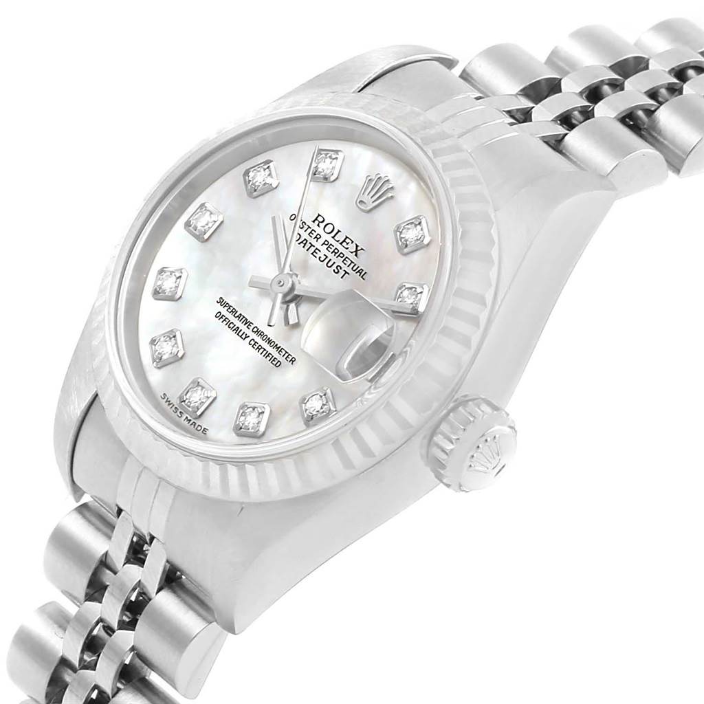 The image shows a close-up angled view of a Rolex Datejust 79174 Women
s Stainless Steel Mother of Pearl Dial 79174 Women
s Stainless Steel Mother of Pearl Dial watch, highlighting the dial, crown, and part of the bracelet.