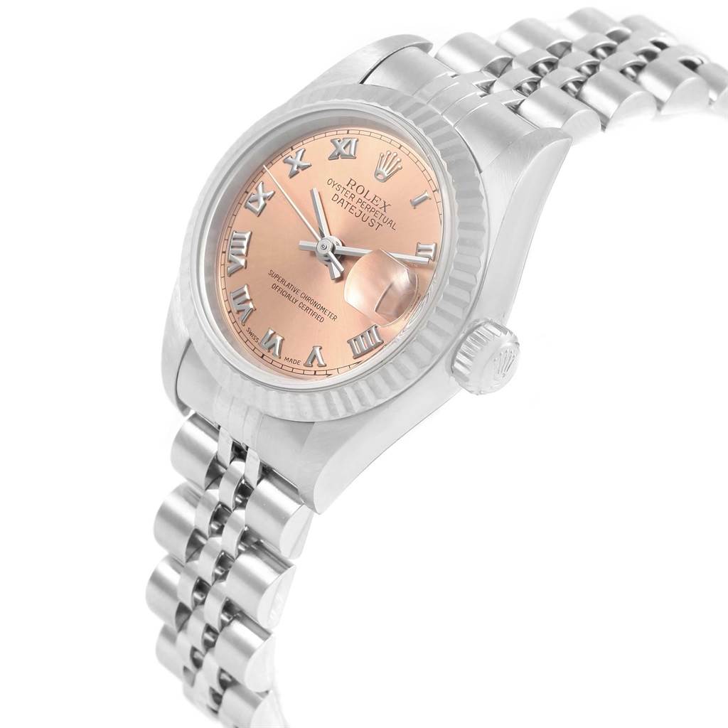 The Rolex Datejust 69174 Women's Stainless Steel Pink Dial 69174 Women's Stainless Steel Pink Dial watch is shown at a slight angle, displaying the face, bezel, crown, and part of the bracelet.