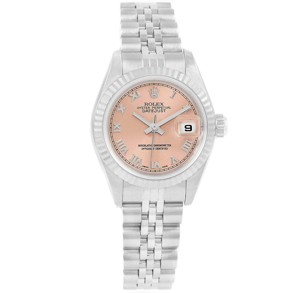 The Rolex Datejust 69174 Women's Stainless Steel Pink Dial 69174 Women's Stainless Steel Pink Dial watch is shown from the front, displaying the face, bezel, and bracelet.