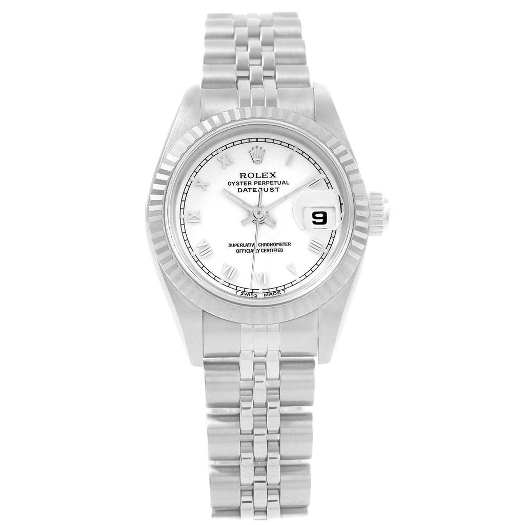 The image shows a frontal view of a Rolex Datejust 69174 Women's Stainless Steel White Dial 69174 Women's Stainless Steel White Dial watch, displaying the face, bezel, and bracelet.