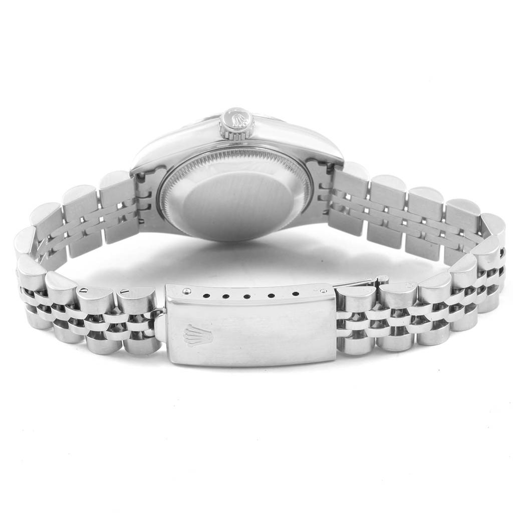 This image shows the back of a Rolex Datejust 69174 Women's Stainless Steel White Dial 69174 Women's Stainless Steel White Dial watch, highlighting the case back, bracelet, and deployment clasp.