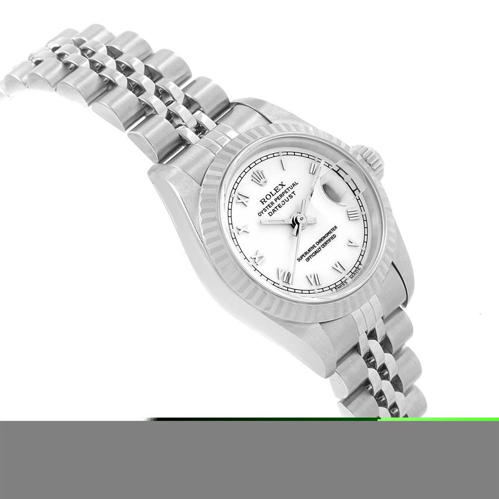 The image shows a Rolex Datejust 69174 Women's Stainless Steel White Dial 69174 Women's Stainless Steel White Dial model watch at an angled side view, highlighting its face, bezel, and bracelet.