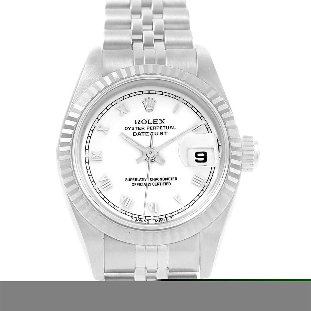This image shows a front view of the Rolex Datejust 69174 Women's Stainless Steel White Dial 69174 Women's Stainless Steel White Dial watch, displaying its face, bezel, and part of the bracelet.