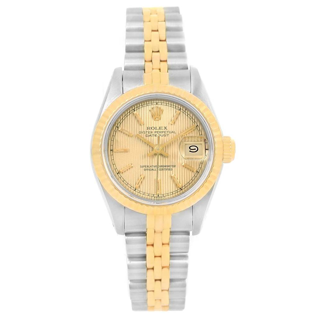 The Rolex Datejust 69173 Women's Stainless Steel Champagne Dial 69173 Women's Stainless Steel Champagne Dial watch is shown from a top-down angle, displaying the dial, bezel, and bracelet.
