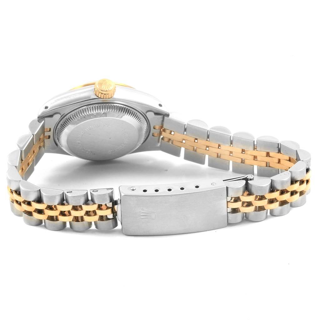 This image shows the backside of the Rolex Datejust 69173 Women's Stainless Steel Champagne Dial 69173 Women's Stainless Steel Champagne Dial watch, highlighting the bracelet, clasp, and case back.