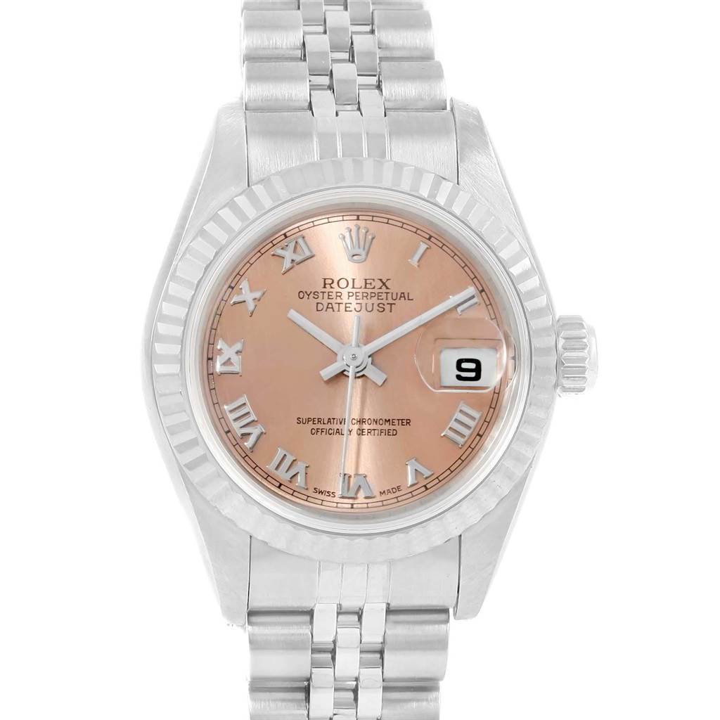 The image shows a Rolex Datejust 79174 Women's Stainless Steel Pink Dial 79174 Women's Stainless Steel Pink Dial watch from a front angle, highlighting the bezel, dial, hands, and bracelet.