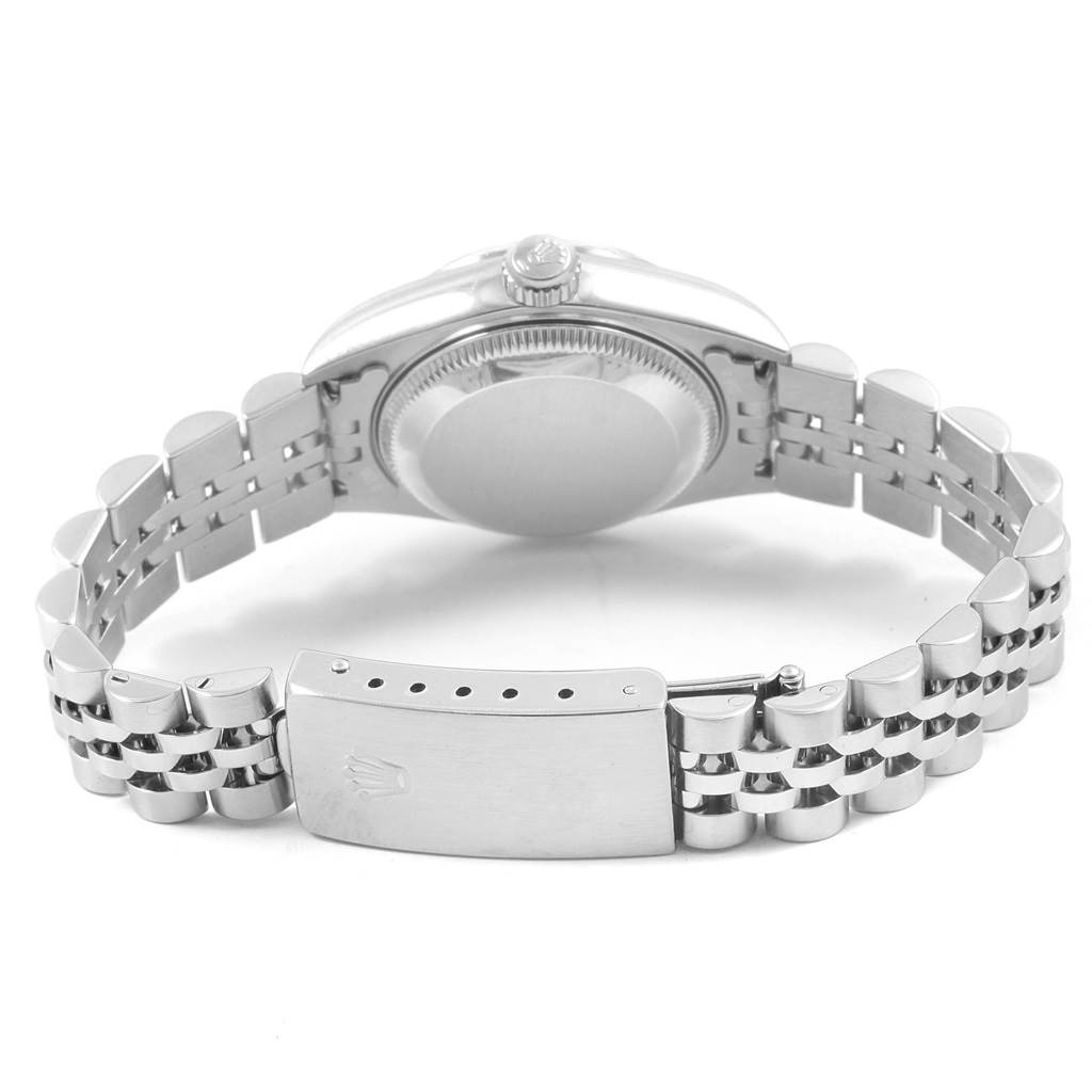 The image shows the back view of the Rolex Datejust 79174 Women's Stainless Steel Pink Dial 79174 Women's Stainless Steel Pink Dial watch, highlighting the case back and bracelet clasp.