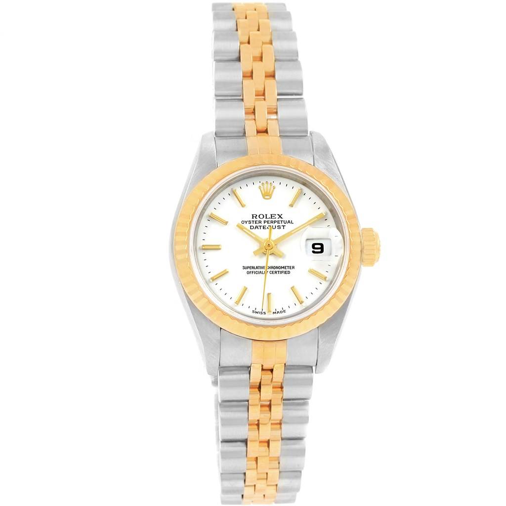 The Rolex Datejust 69173 Women
s Stainless Steel White Dial 69173 Women
s Stainless Steel White Dial watch is shown from a front view, highlighting its two-tone bracelet, bezel, and dial with a date window.