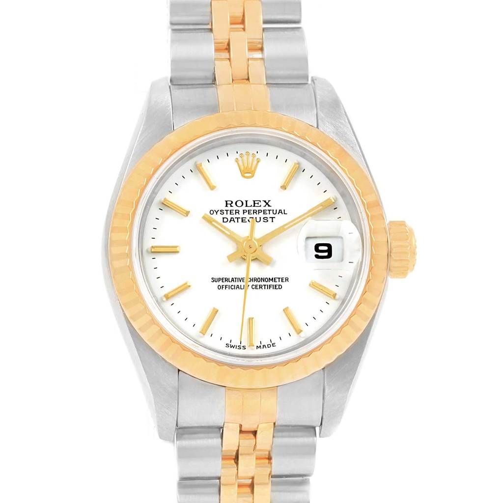 This image shows a Rolex Datejust 69173 Women
s Stainless Steel White Dial 69173 Women
s Stainless Steel White Dial watch from the front, featuring its dial, bezel, crown, and part of the bracelet.