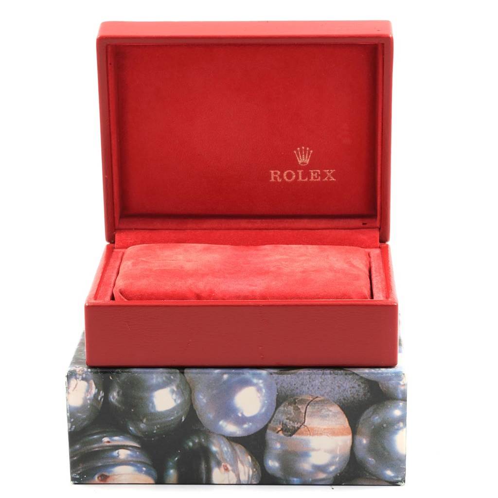 The image shows a red watch box for the Rolex Datejust 69173 Women
s Stainless Steel White Dial 69173 Women
s Stainless Steel White Dial model, open to display the interior with a red padded insert.