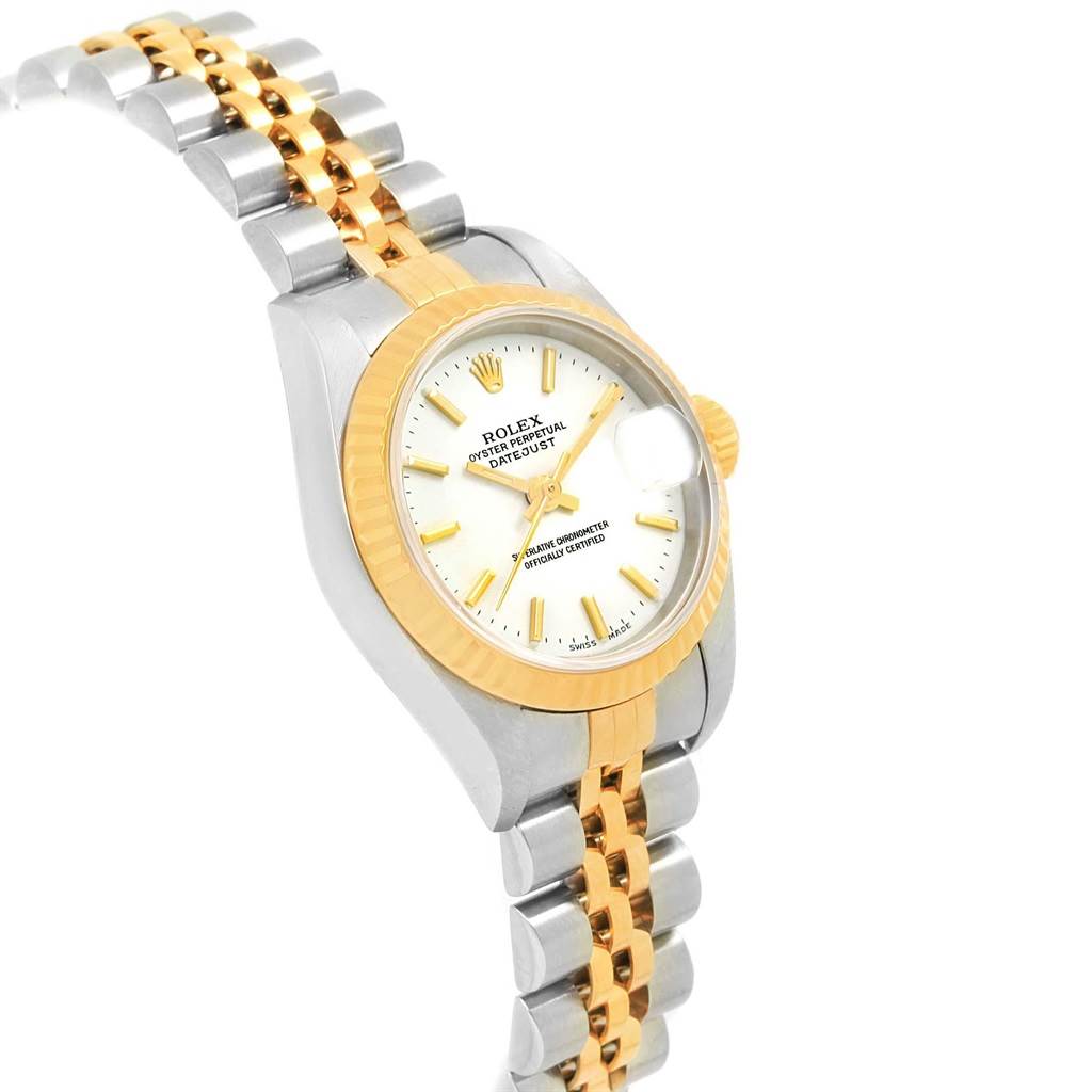 The Rolex Datejust 69173 Women
s Stainless Steel White Dial 69173 Women
s Stainless Steel White Dial watch is shown at a left-side angle, highlighting its gold and silver bracelet and white dial.