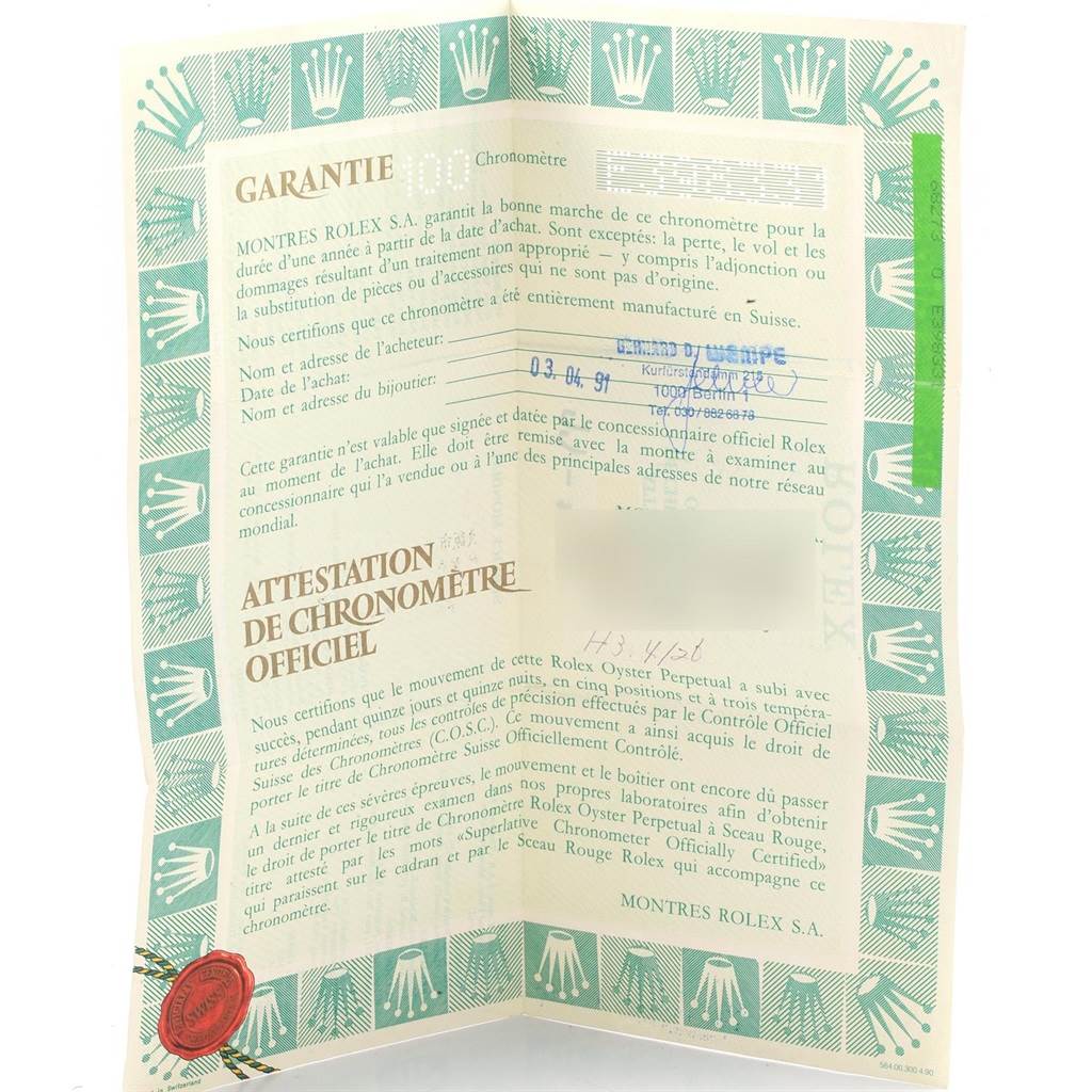 The image shows a warranty and certification document for a Rolex Datejust 68273 Women's Steel and Gold (two tone) Champagne Dial 68273 Women's Steel and Gold (two tone) Champagne Dial watch.