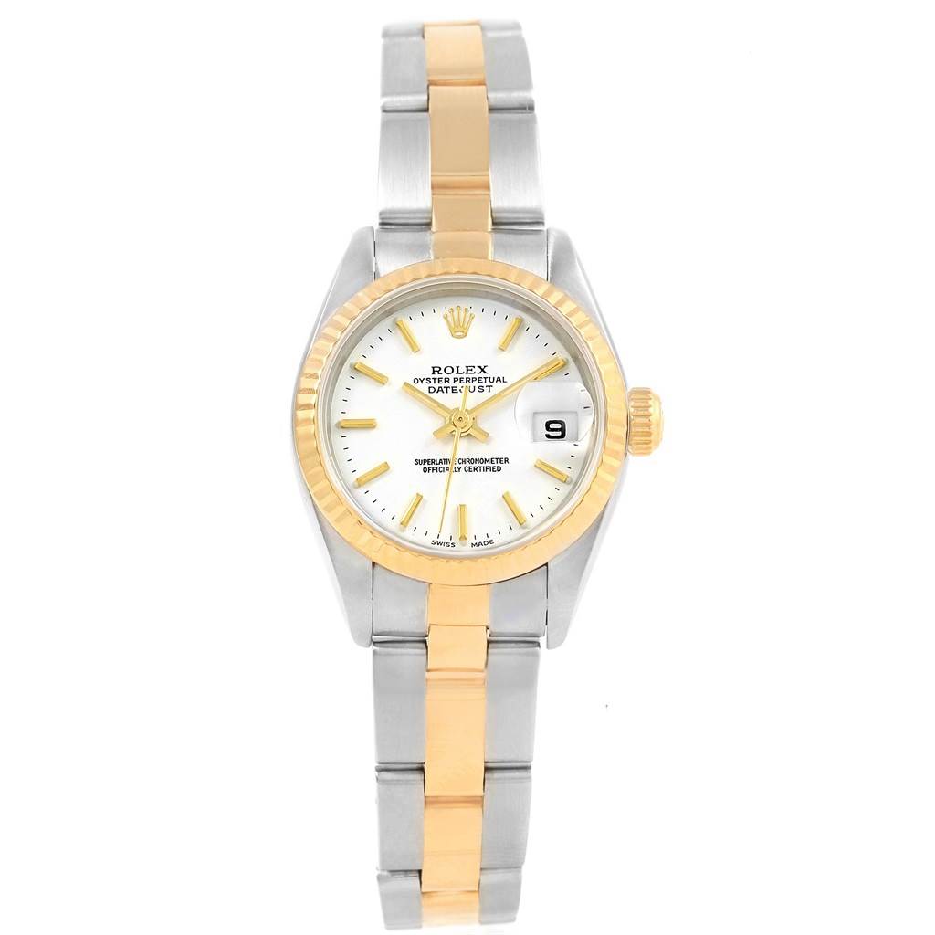 The image shows a front view of a Rolex Datejust 79173 Women's Steel and Gold (two tone) White Dial 79173 Women's Steel and Gold (two tone) White Dial watch, highlighting the dial, bezel, and bracelet.