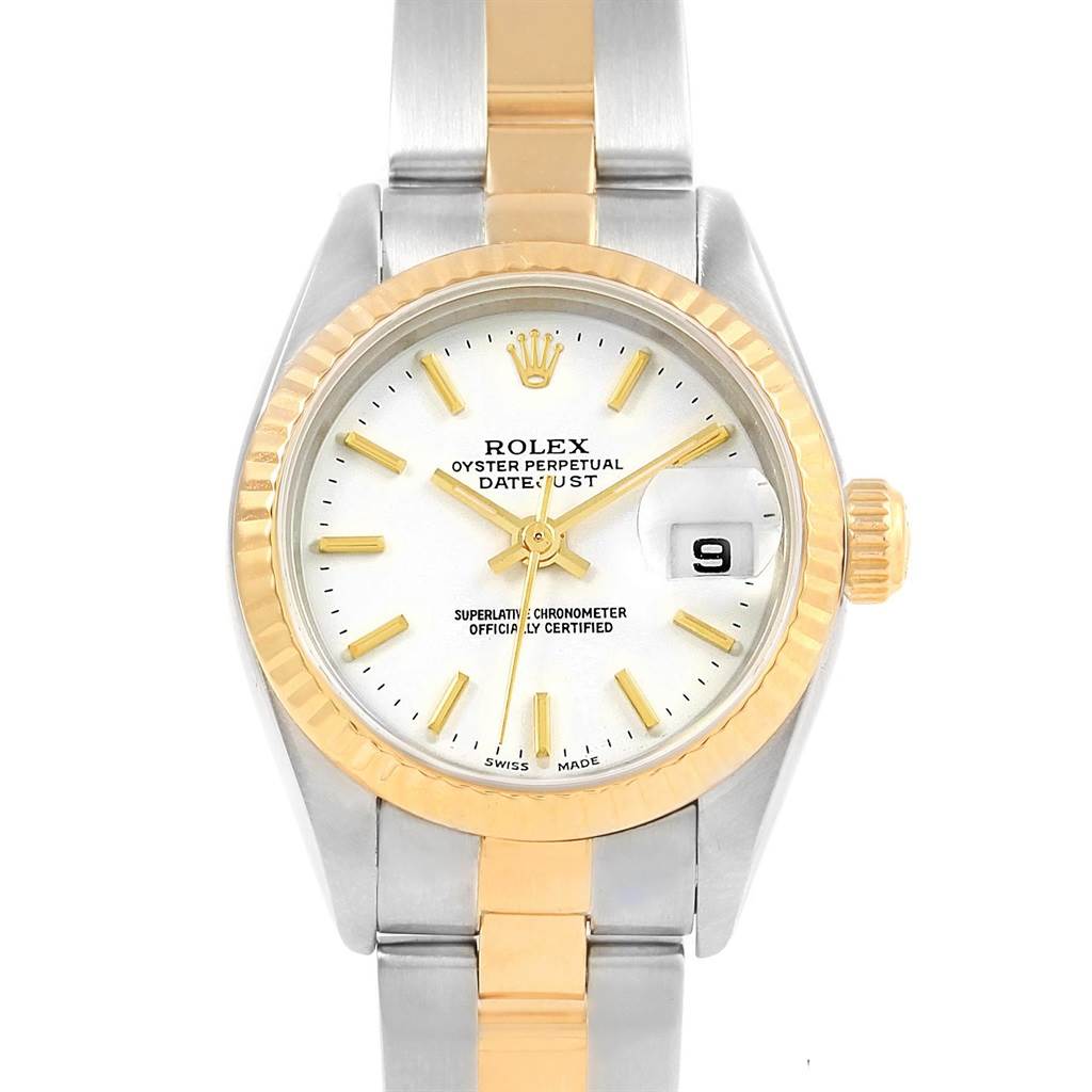 This Rolex Datejust 79173 Women's Steel and Gold (two tone) White Dial 79173 Women's Steel and Gold (two tone) White Dial watch is shown from the front, displaying the dial, bezel, crown, and part of the bracelet.