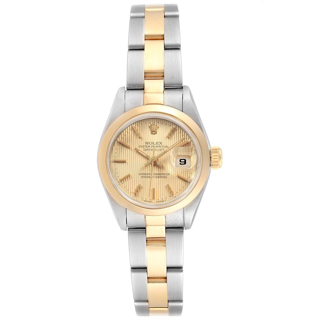 The image shows a Rolex Datejust 69163 Women's Steel and Gold (two tone) Champagne Dial 69163 Women's Steel and Gold (two tone) Champagne Dial watch with a front view, highlighting its gold and silver bracelet, dial, and date display.