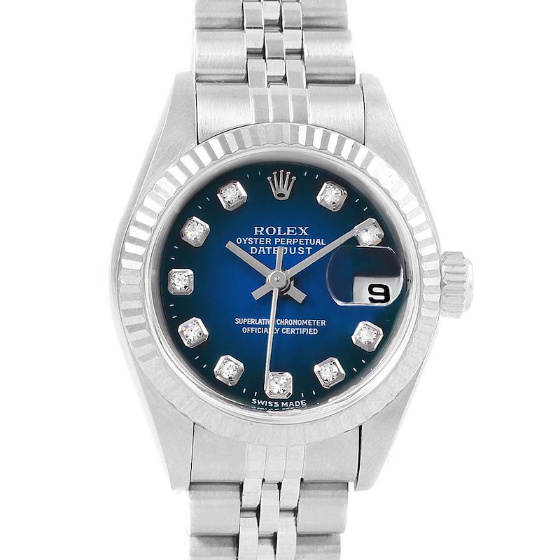 Rolex Datejust Steel White Gold Blue Vignette Diamond Ladies Watch 79174 SwissWatchExpo