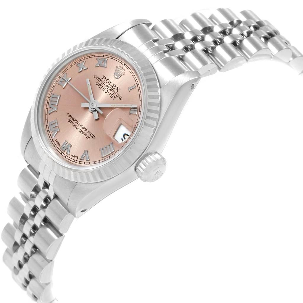 The Rolex Datejust 69174 Women
s Stainless Steel Pink Dial 69174 Women
s Stainless Steel Pink Dial watch is shown at an angle displaying the dial, bezel, crown, and part of the bracelet.