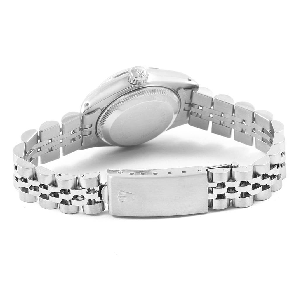 This image shows the back case and bracelet clasp of a Rolex Datejust 69174 Women
s Stainless Steel Pink Dial 69174 Women
s Stainless Steel Pink Dial watch.