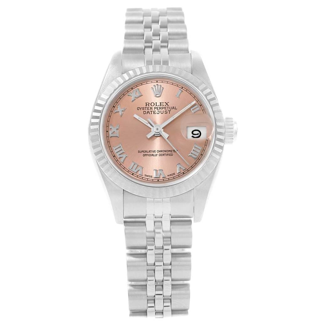 This is a frontal view of a Rolex Datejust 69174 Women
s Stainless Steel Pink Dial 69174 Women
s Stainless Steel Pink Dial watch displaying the dial, bezel, bracelet, and crown.