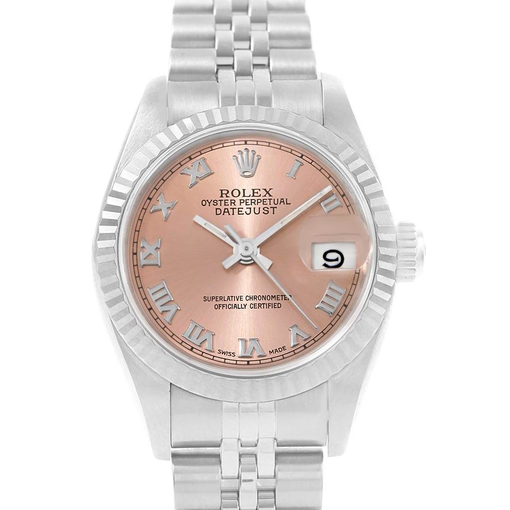 This image shows a front view of the Rolex Datejust 69174 Women
s Stainless Steel Pink Dial 69174 Women
s Stainless Steel Pink Dial watch, highlighting its dial, hands, bezel, and bracelet.