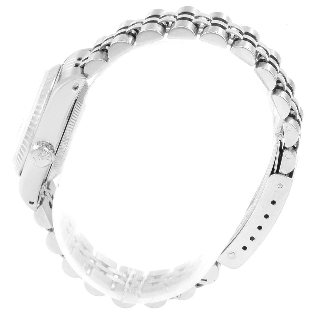 The image shows a side view of a Rolex Datejust 69174 Women
s Stainless Steel Blue Dial 69174 Women
s Stainless Steel Blue Dial watch, highlighting the case, crown, and bracelet.