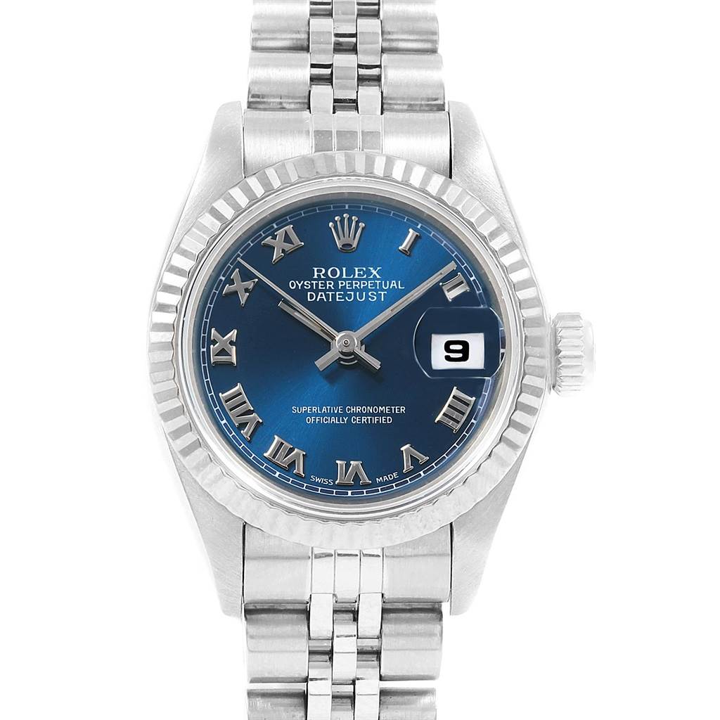 This is a front view of a Rolex Datejust 69174 Women
s Stainless Steel Blue Dial 69174 Women
s Stainless Steel Blue Dial watch showcasing the dial, bezel, and part of the bracelet.