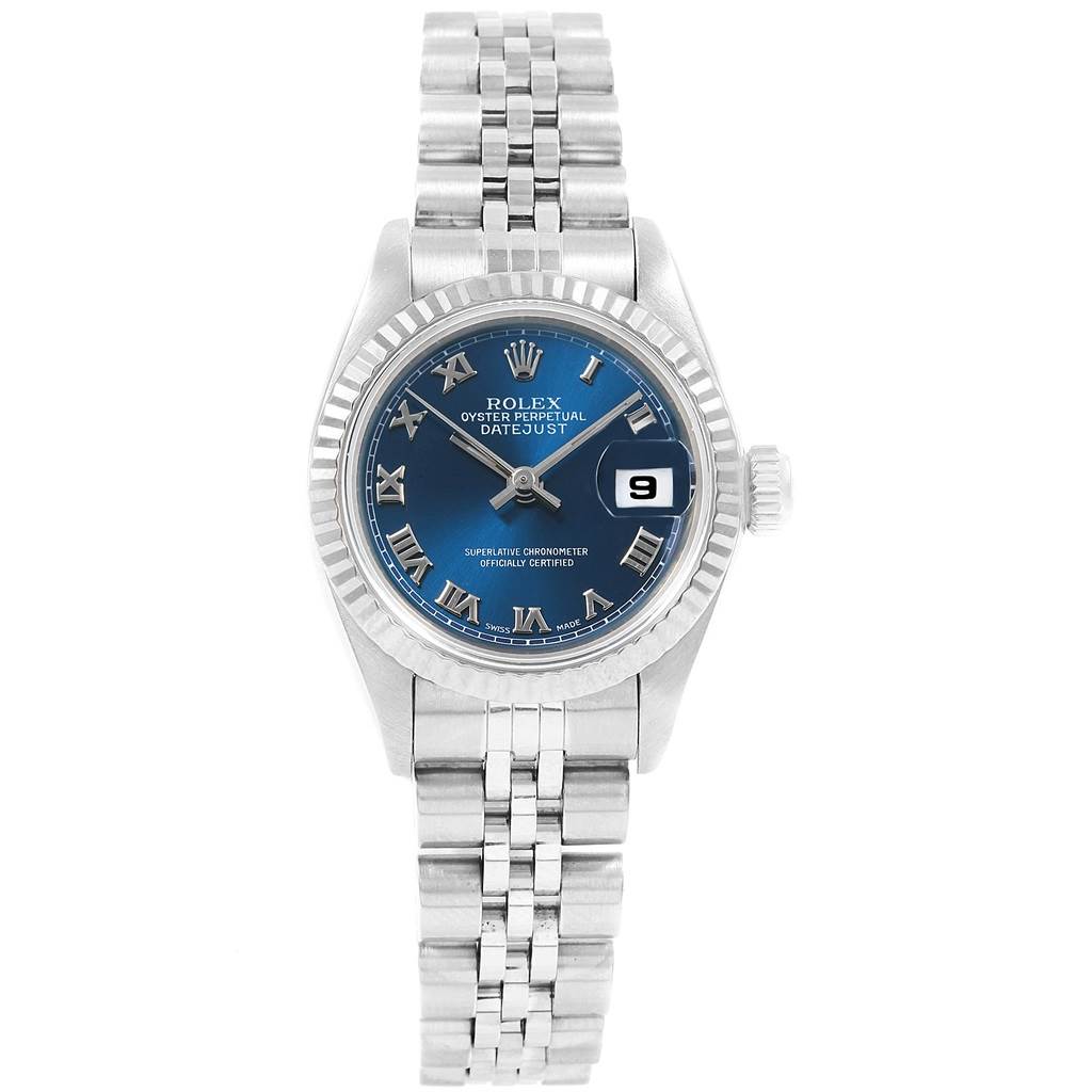 The image shows a Rolex Datejust 69174 Women
s Stainless Steel Blue Dial 69174 Women
s Stainless Steel Blue Dial watch viewed from the front, displaying the dial, crown, bezel, and bracelet.