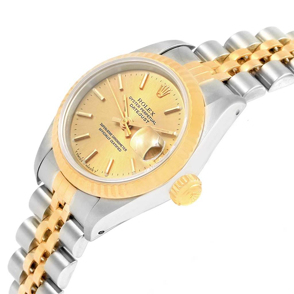The image shows a side angle of a Rolex Datejust 69173 Women's Stainless Steel Champagne Dial 69173 Women's Stainless Steel Champagne Dial model, highlighting the dial, crown, and part of the bracelet.