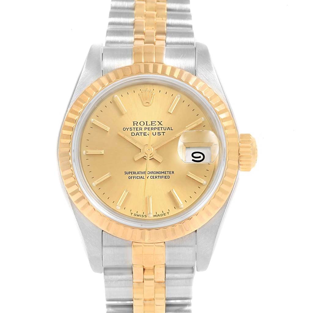 This image shows a Rolex Datejust 69173 Women's Stainless Steel Champagne Dial 69173 Women's Stainless Steel Champagne Dial watch from a top-down angle, displaying the dial, bezel, crown, and bracelet.