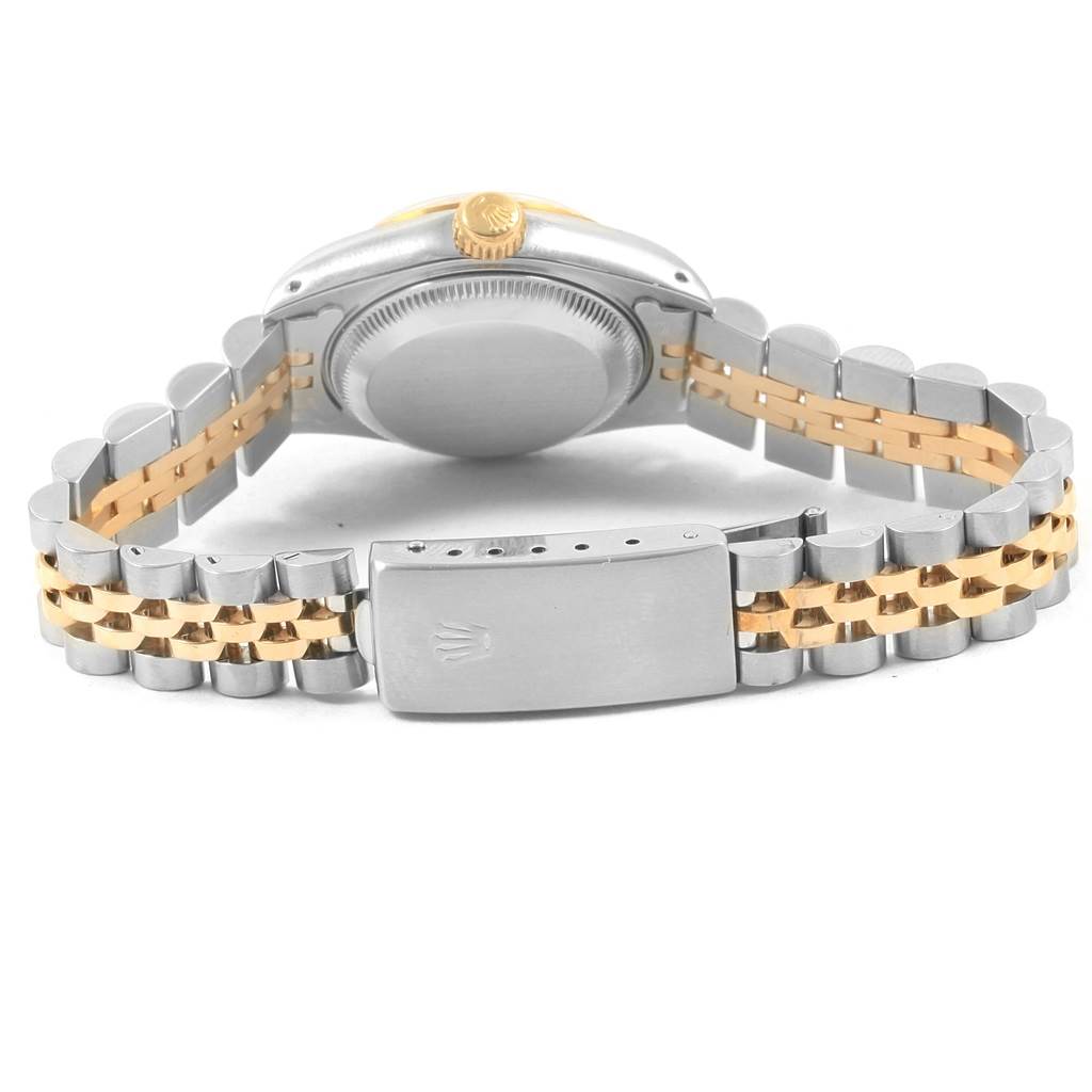 This image shows the back view of a Rolex 69173 Men's Stainless Steel Champagne Dial 69173 Men's Stainless Steel Champagne Dial Datejust 26mm Steel 18K Yellow Gold Ladies Watch 69173 Papers, focusing on the closed clasp and bracelet.
