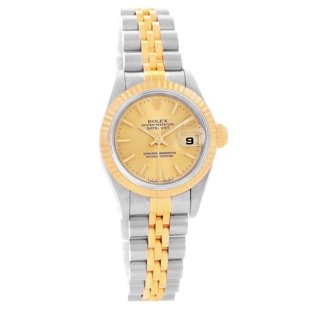 The Rolex 69173 Men's Stainless Steel Champagne Dial 69173 Men's Stainless Steel Champagne Dial Datejust 26mm Steel 18K Yellow Gold Ladies Watch 69173 is shown from a straight-on angle, highlighting the dial and bracelet.