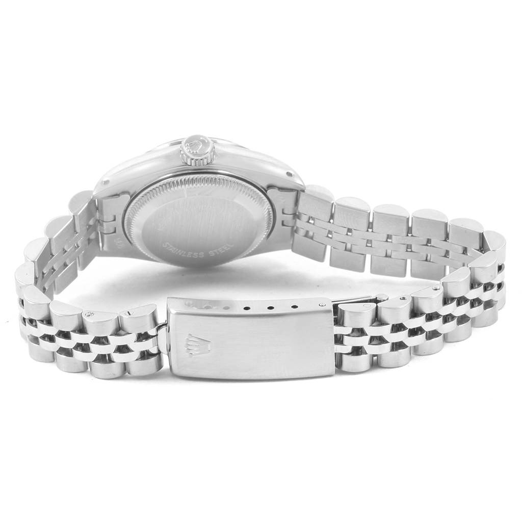 This image shows the back view of a Rolex Datejust 69174 Women's Stainless Steel Silver Dial 69174 Women's Stainless Steel Silver Dial watch, featuring its case back, crown, and bracelet.