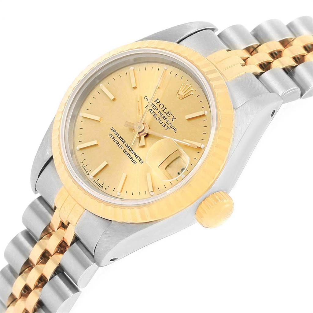 The image shows a Rolex Datejust 69173 Women's Stainless Steel Champagne Dial 69173 Women's Stainless Steel Champagne Dial watch at an angle highlighting its bezel, dial, part of the case, and bracelet.