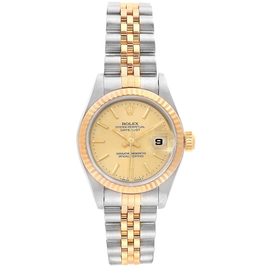 The Rolex Datejust 69173 Women's Stainless Steel Champagne Dial 69173 Women's Stainless Steel Champagne Dial watch is shown from a top-down angle, revealing its face, bezel, and bi-metal bracelet.