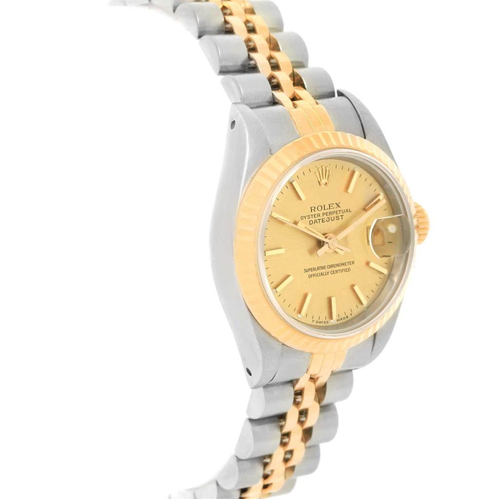 The image shows a close-up, side-angle view of the Rolex Datejust 69173 Women's Stainless Steel Champagne Dial 69173 Women's Stainless Steel Champagne Dial, highlighting its two-tone bracelet and gold bezel.