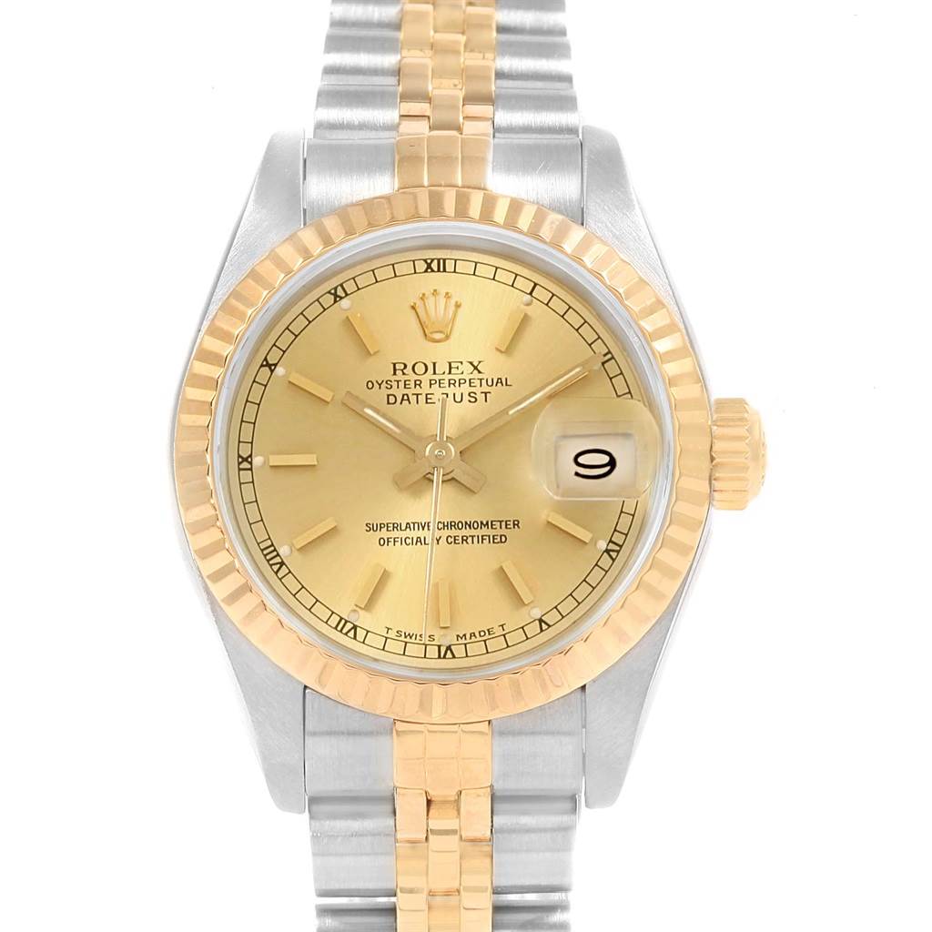 This image shows a front view of the Rolex Datejust 69173 Women's Stainless Steel Champagne Dial 69173 Women's Stainless Steel Champagne Dial watch, highlighting its dial, bezel, crown, and Jubilee bracelet.