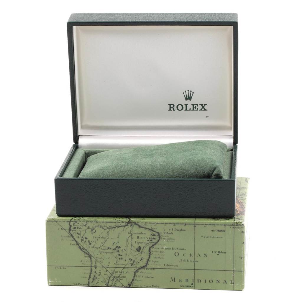 This image shows the open box packaging of a Rolex Datejust 69173 Women
s Stainless Steel Champagne Dial 69173 Women
s Stainless Steel Champagne Dial model watch, including the cushion and outer box.