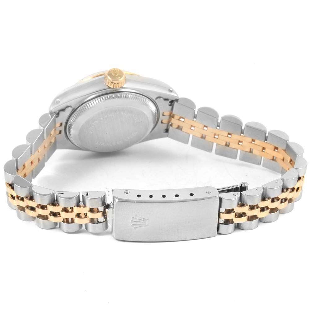 This image shows the back case and bracelet of a Rolex Datejust 69173 Women's Stainless Steel Champagne Dial 69173 Women's Stainless Steel Champagne Dial watch, including the clasp and crown.