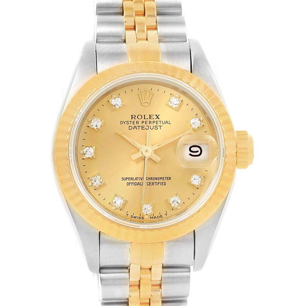 The image shows a front view of a Rolex Datejust 69173 Women's Stainless Steel Champagne Dial 69173 Women's Stainless Steel Champagne Dial watch, highlighting the dial, bezel, and part of the bracelet.