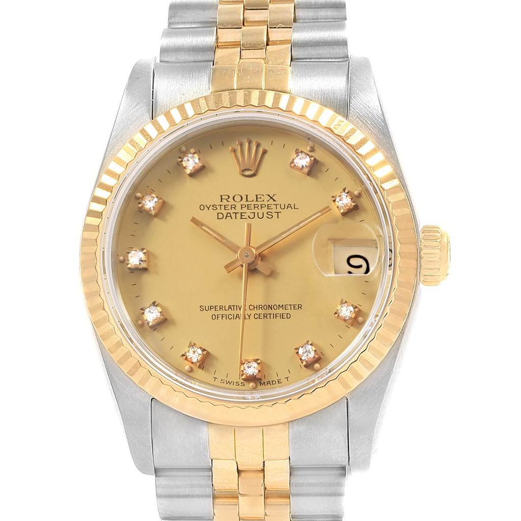 This is a front view of the Rolex Datejust 68273 Women's Steel and Gold (two tone) Champagne Dial 68273 Women's Steel and Gold (two tone) Champagne Dial watch, showing the dial, bezel, case, and bracelet.