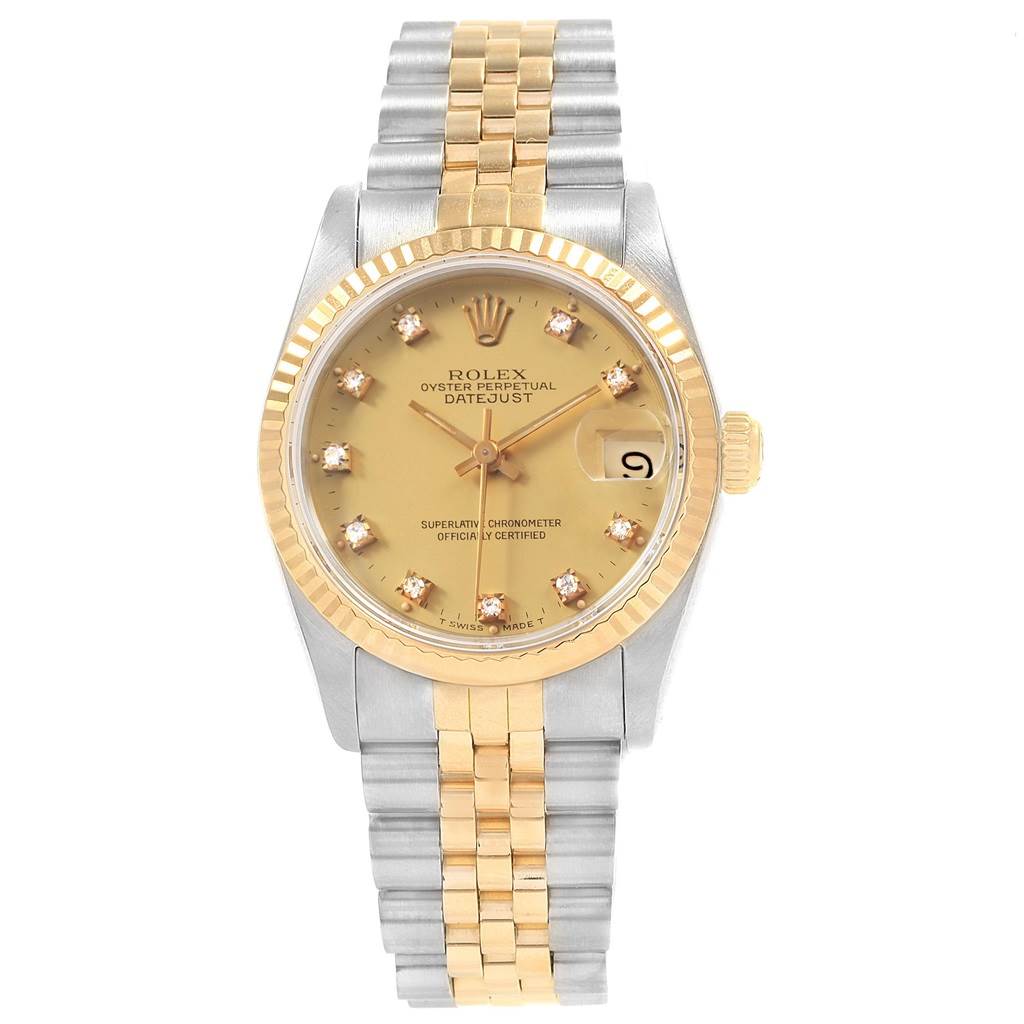 This image shows a front view of the Rolex Datejust 68273 Women's Steel and Gold (two tone) Champagne Dial 68273 Women's Steel and Gold (two tone) Champagne Dial watch, highlighting the dial, bezel, and two-tone bracelet.